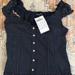 Brandy Melville Blue Smocked Blouse with Ruffle Trim